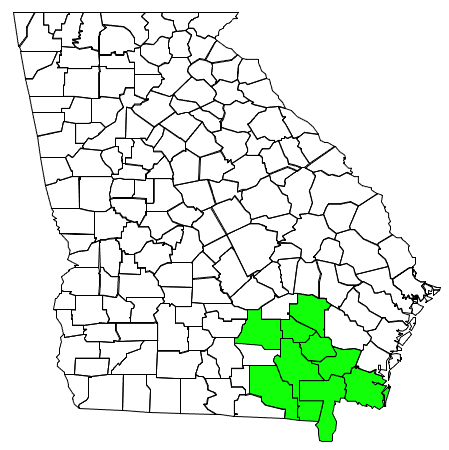 Map of Georgia highlighting southeastern counties with the presence of chilli thrips detected