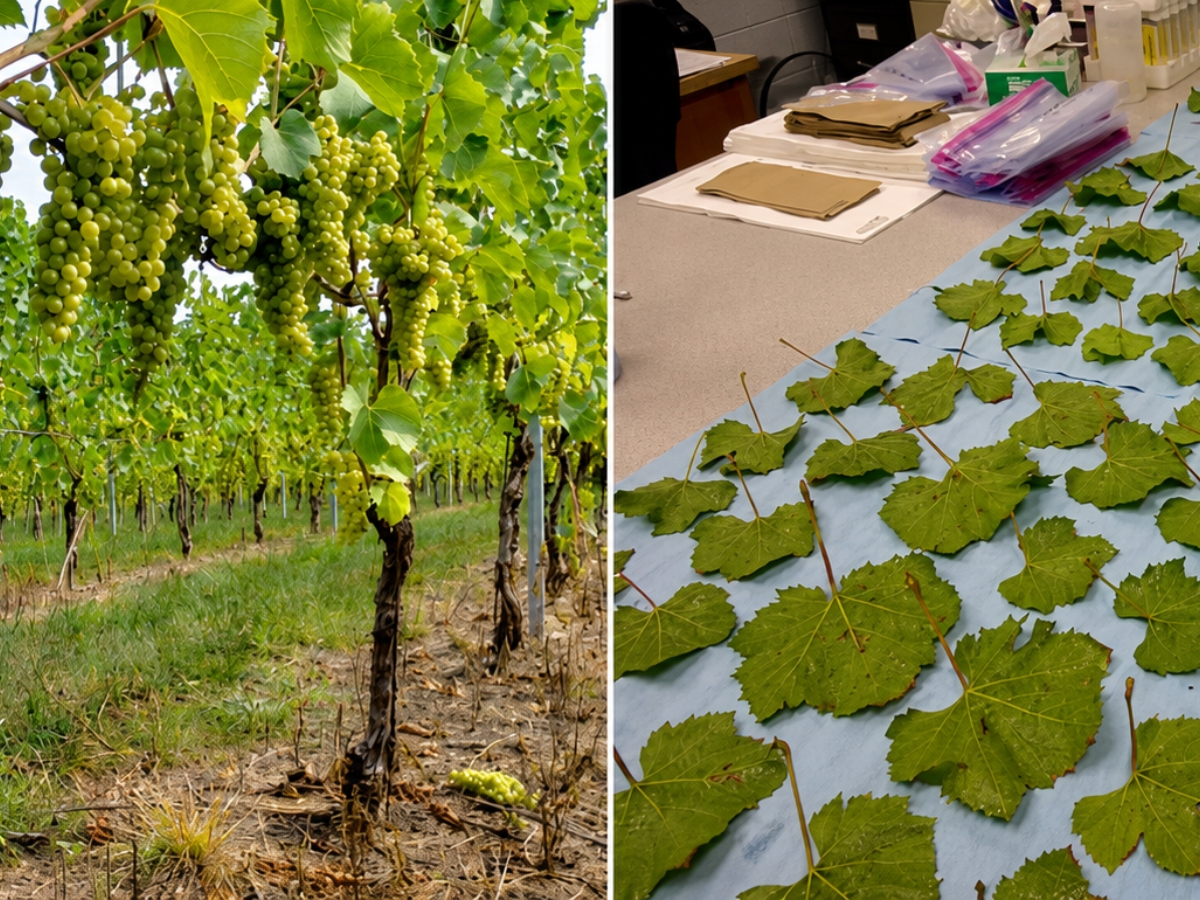 Side-by-side photos of a grape vineyard with fruiting vines and a laboratory table displaying collected grape leaves arranged for tissue analysis.