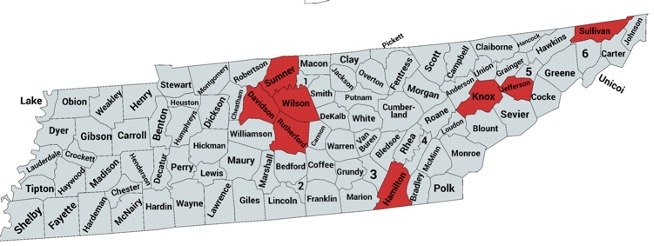 Map of Tennessee showing the current spotted lanternfly distribution. The counties of Sumner, Davidson, Rutherford, Hamilton, Knox, Jefferson, and Sullivan are highlighted in red.