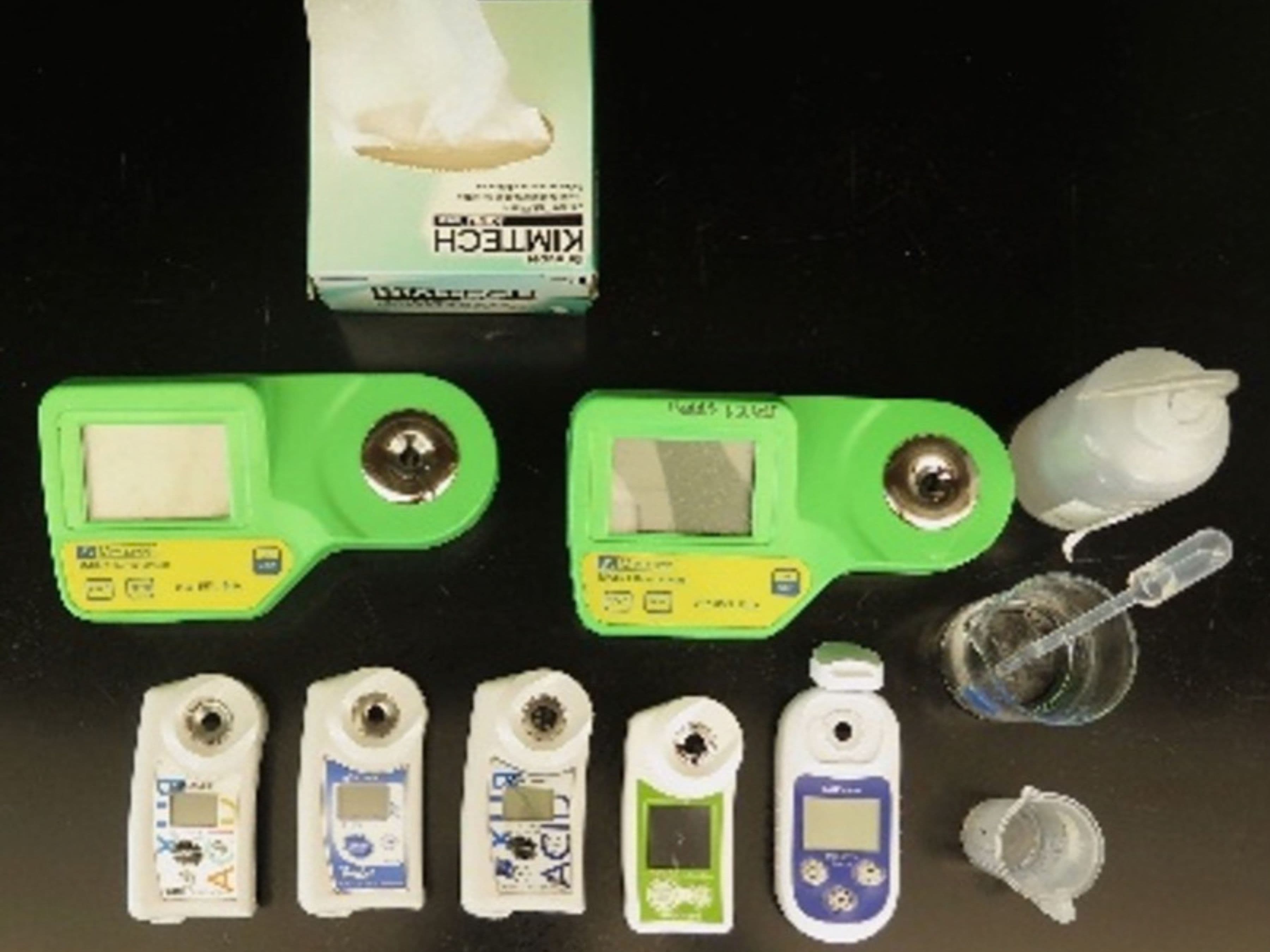 Refractometers and materials used for testing solutions.