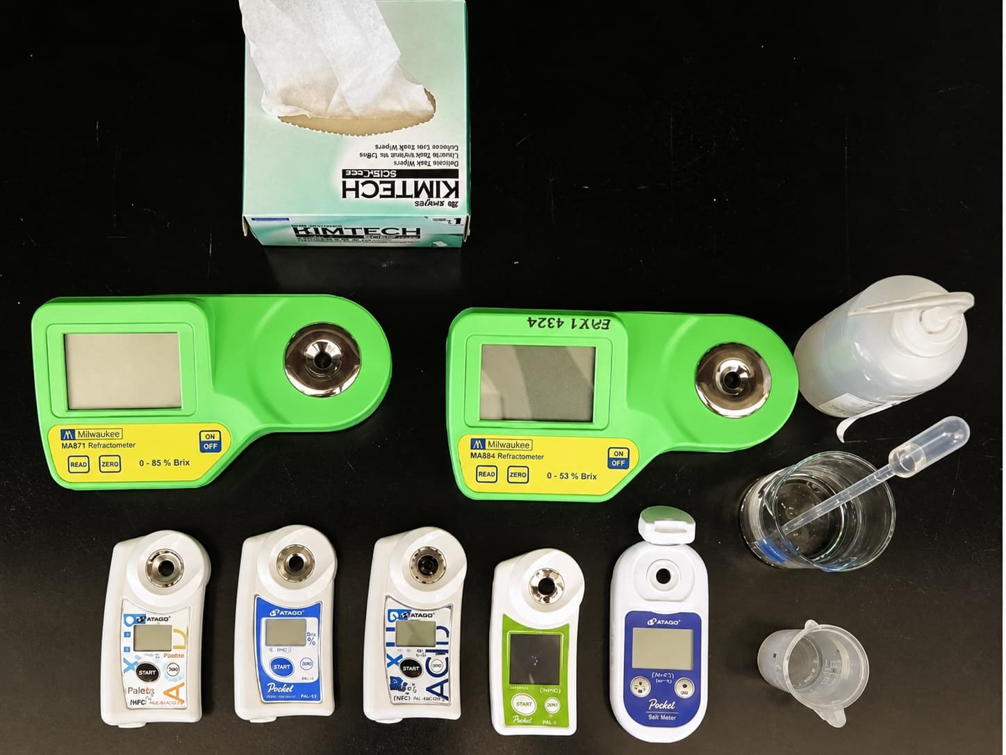 Refractometers and materials used for testing solutions.